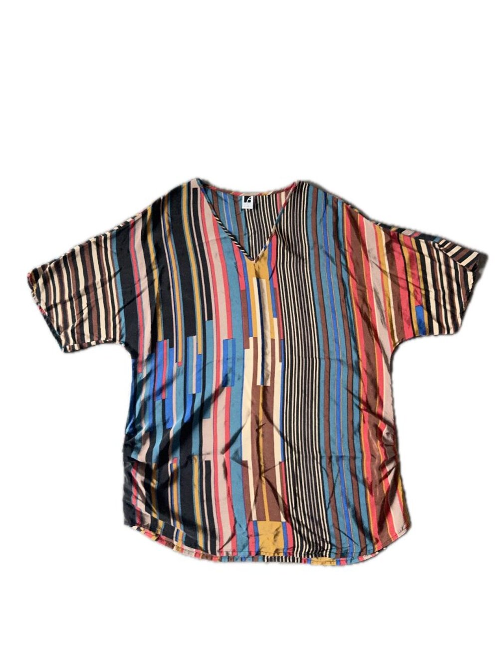ANNA AURA 100% Silk Multicolor Stripe Short Sleeve Top 46